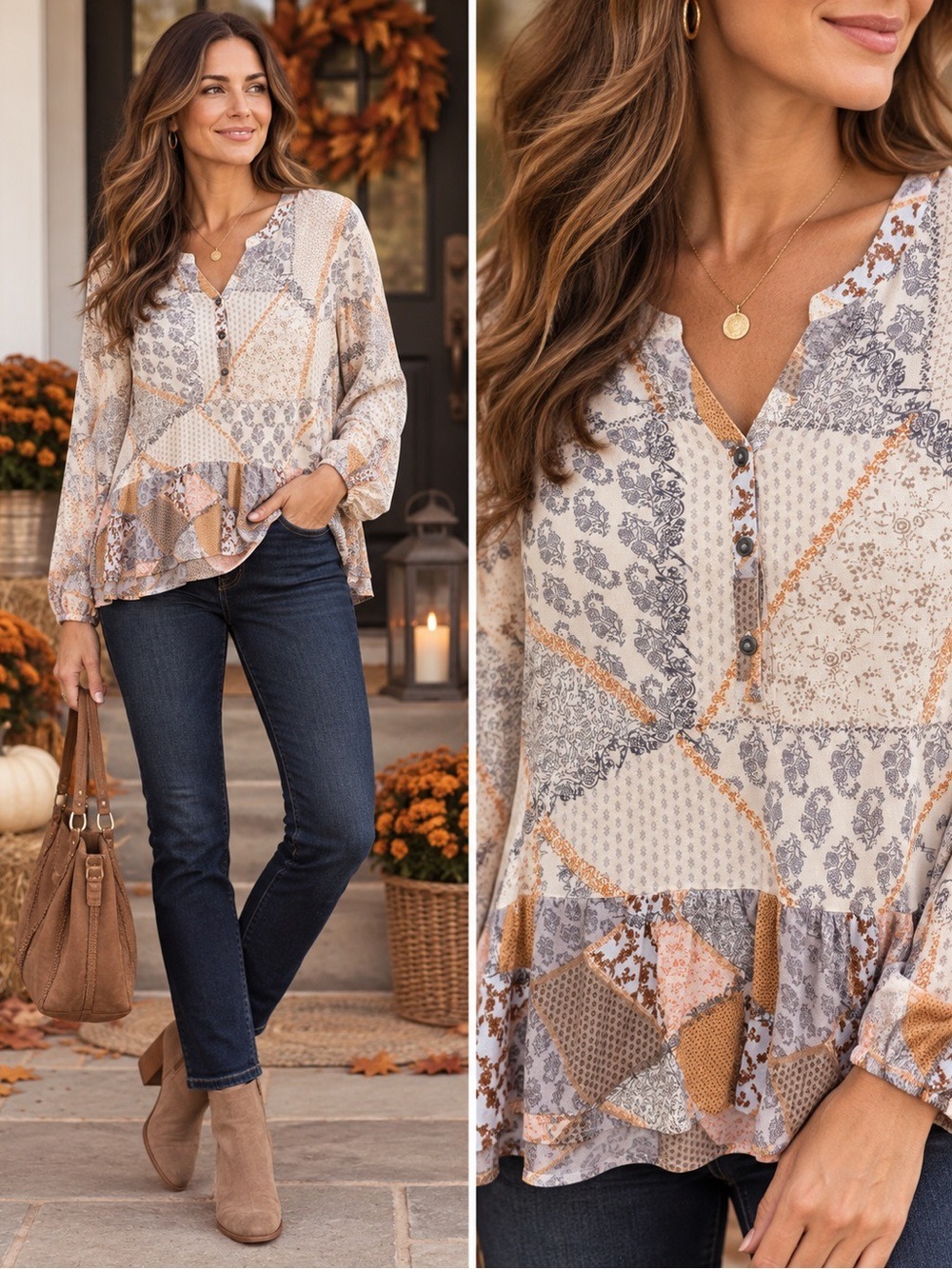 Tribal Patchwork Print Henley Peplum Blouse M